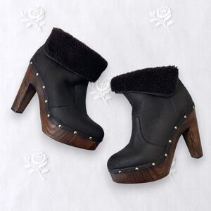 Elie Tahari Y2K Brown Leather Studded Platform Faux Fur Clogs Platform Boots 8.5